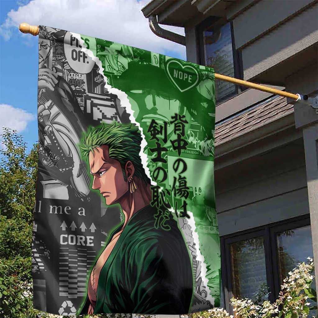 Zoro One Piece Green Theme Garden Flag with Manga Collage and Dual Portrait Swordmaster Design - The Mazicc
