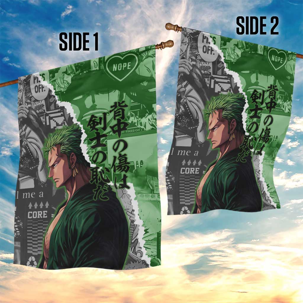 Zoro One Piece Green Theme Garden Flag with Manga Collage and Dual Portrait Swordmaster Design - The Mazicc
