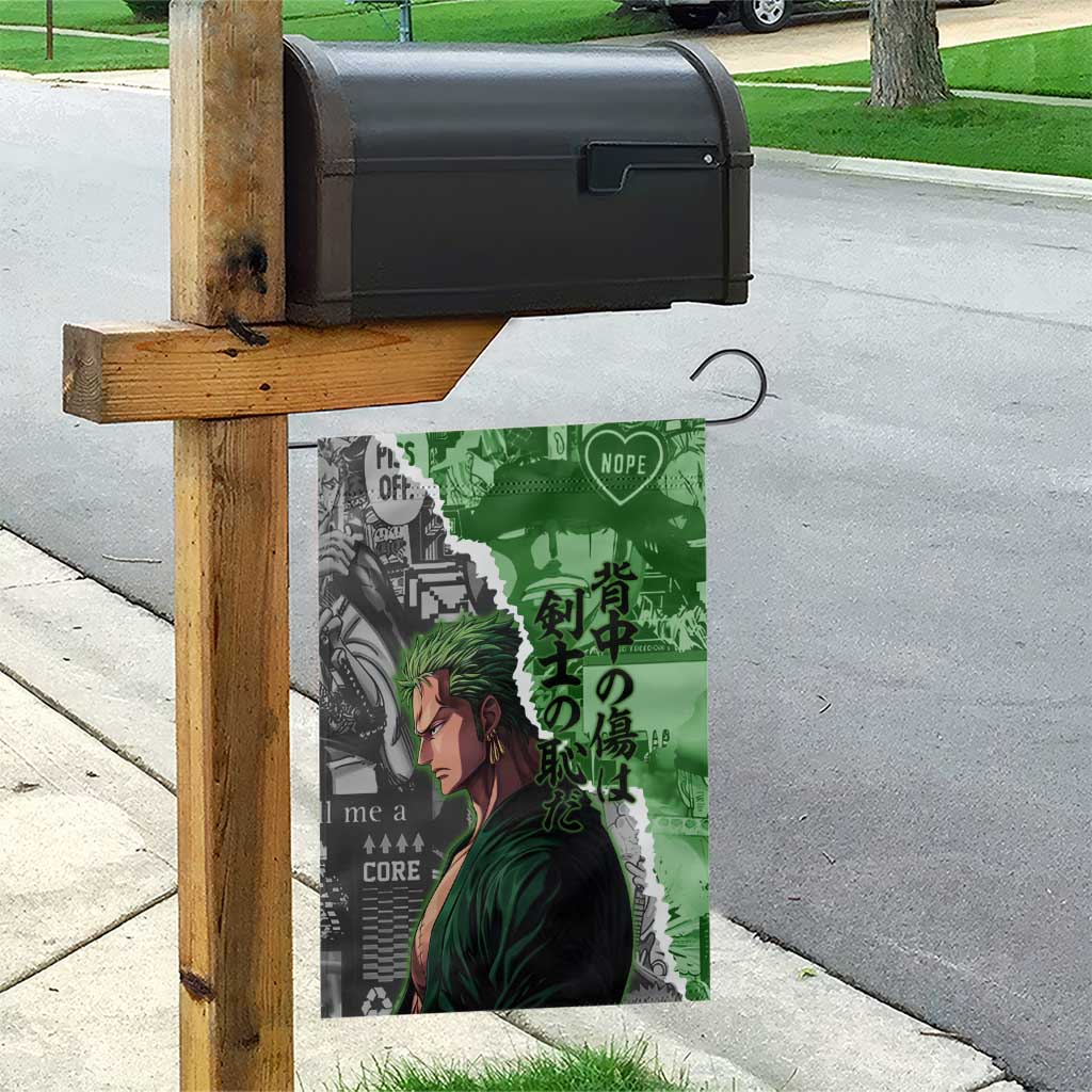 Zoro One Piece Green Theme Garden Flag with Manga Collage and Dual Portrait Swordmaster Design - The Mazicc