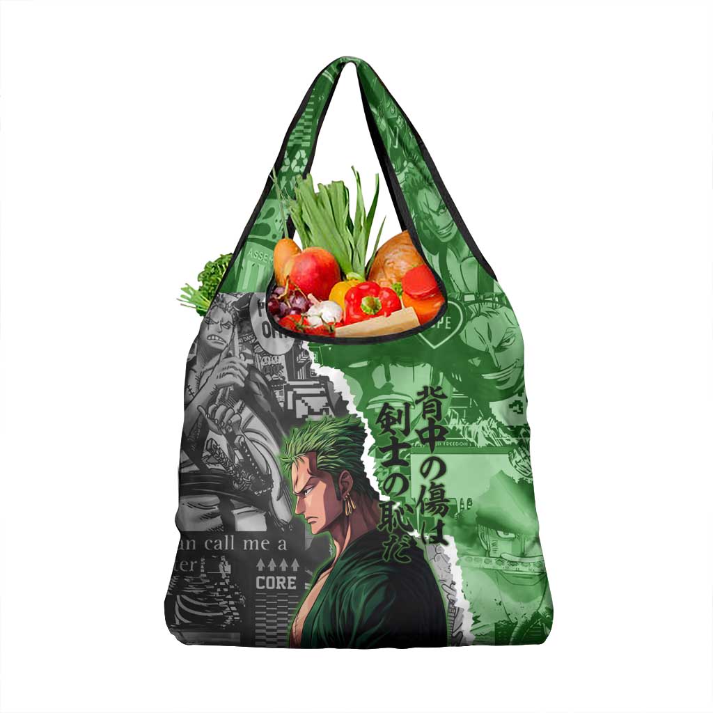 Zoro One Piece Green Theme Grocery Bag with Manga Collage and Dual Portrait Swordmaster Design - The Mazicc