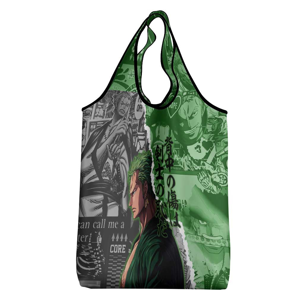 Zoro One Piece Green Theme Grocery Bag with Manga Collage and Dual Portrait Swordmaster Design - The Mazicc
