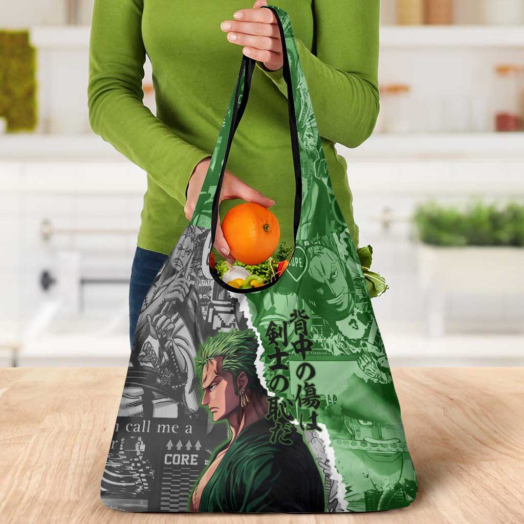 Zoro One Piece Green Theme Grocery Bag with Manga Collage and Dual Portrait Swordmaster Design - The Mazicc