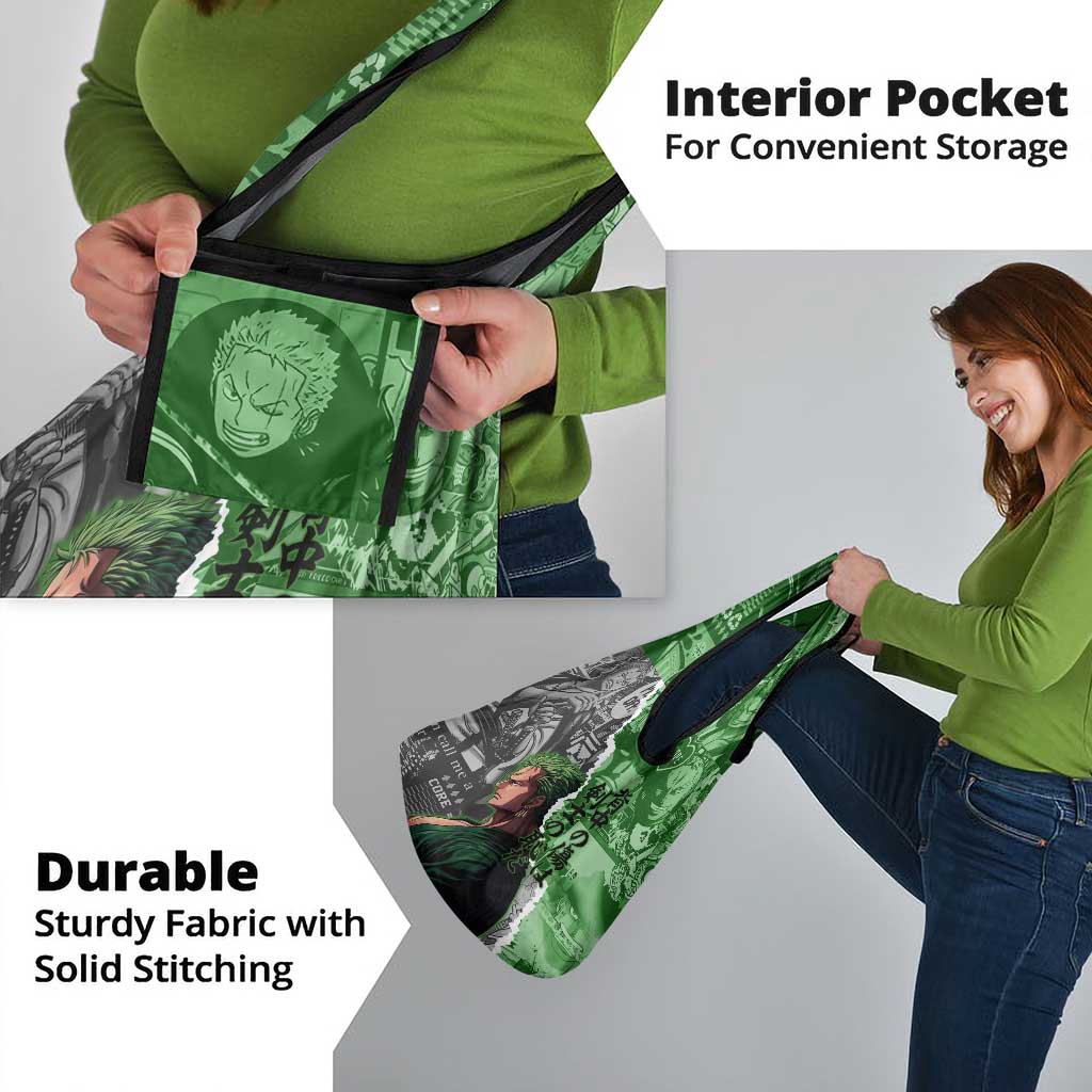 Zoro One Piece Green Theme Grocery Bag with Manga Collage and Dual Portrait Swordmaster Design - The Mazicc