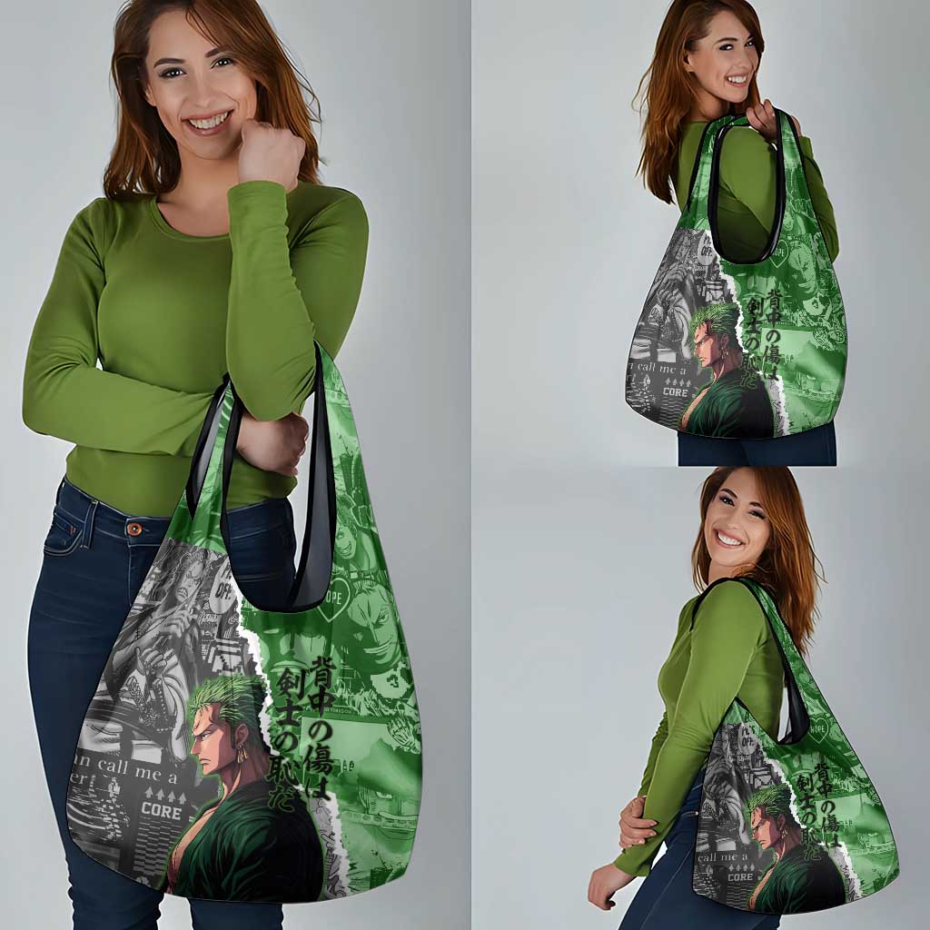 Zoro One Piece Green Theme Grocery Bag with Manga Collage and Dual Portrait Swordmaster Design - The Mazicc