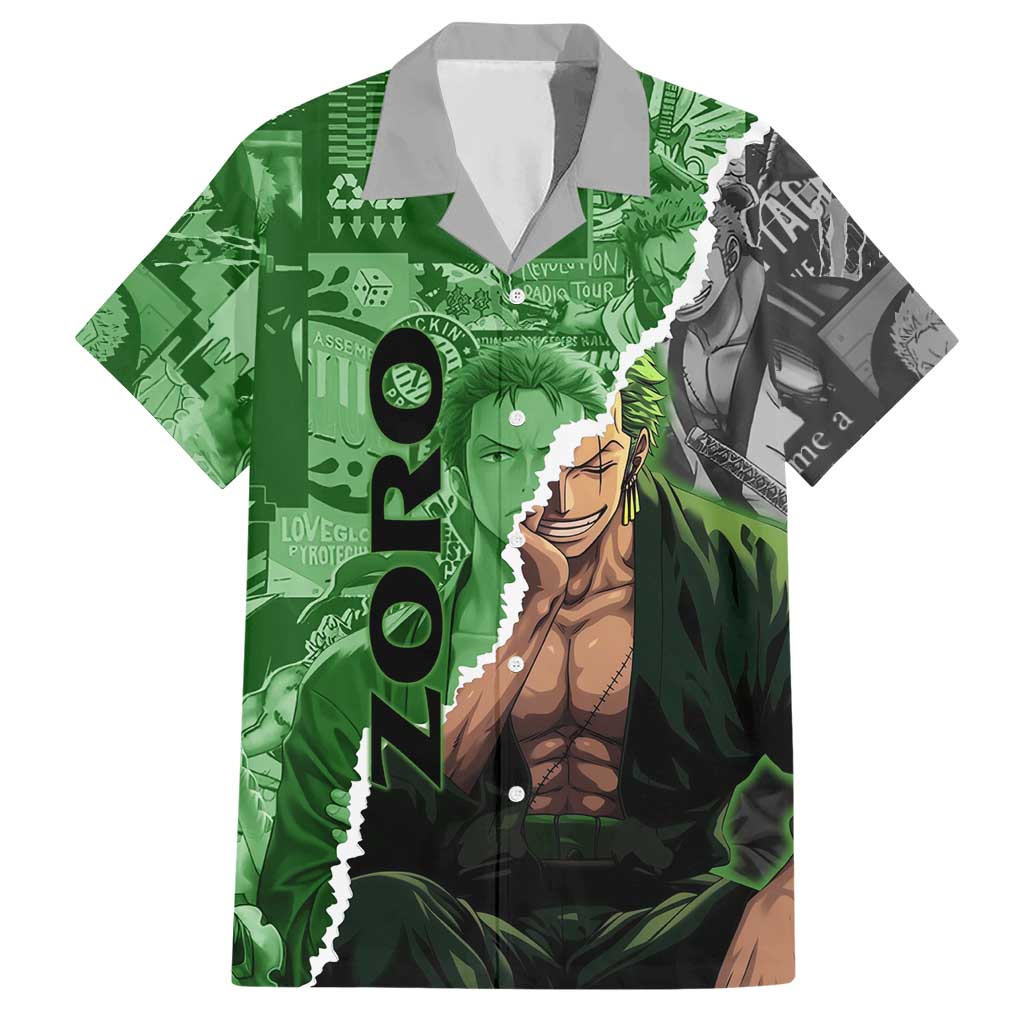 Zoro One Piece Green Theme Hawaiian Shirt with Manga Collage and Dual Portrait Swordmaster Design - The Mazicc