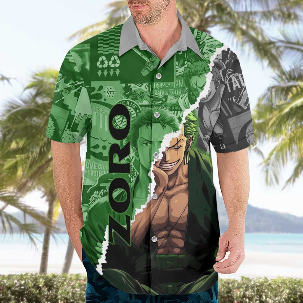 Zoro One Piece Green Theme Hawaiian Shirt with Manga Collage and Dual Portrait Swordmaster Design - The Mazicc
