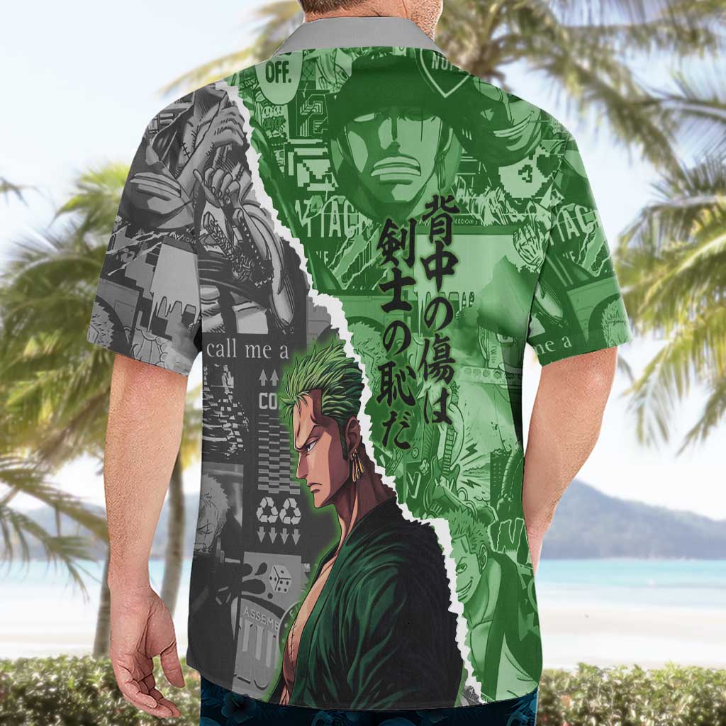 Zoro One Piece Green Theme Hawaiian Shirt with Manga Collage and Dual Portrait Swordmaster Design - The Mazicc