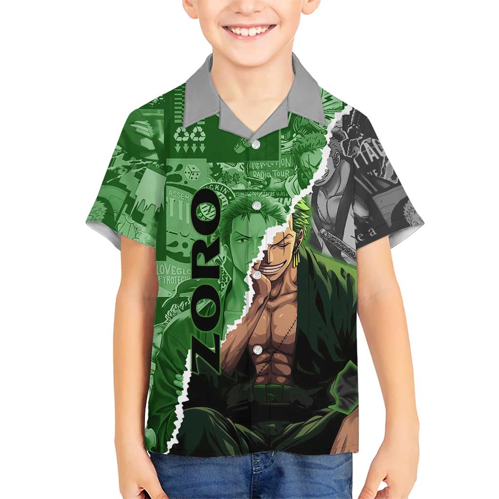 Zoro One Piece Green Theme Hawaiian Shirt with Manga Collage and Dual Portrait Swordmaster Design - The Mazicc