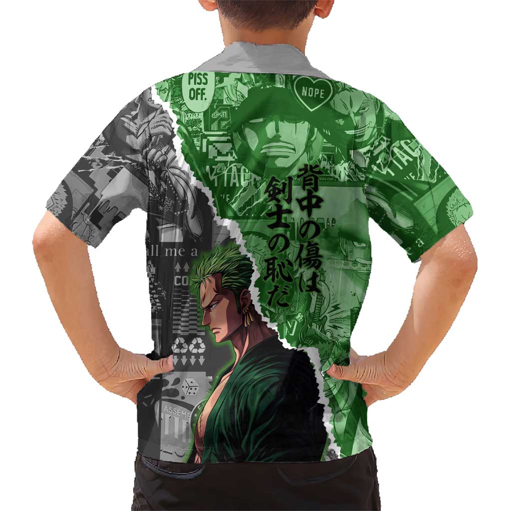 Zoro One Piece Green Theme Hawaiian Shirt with Manga Collage and Dual Portrait Swordmaster Design - The Mazicc