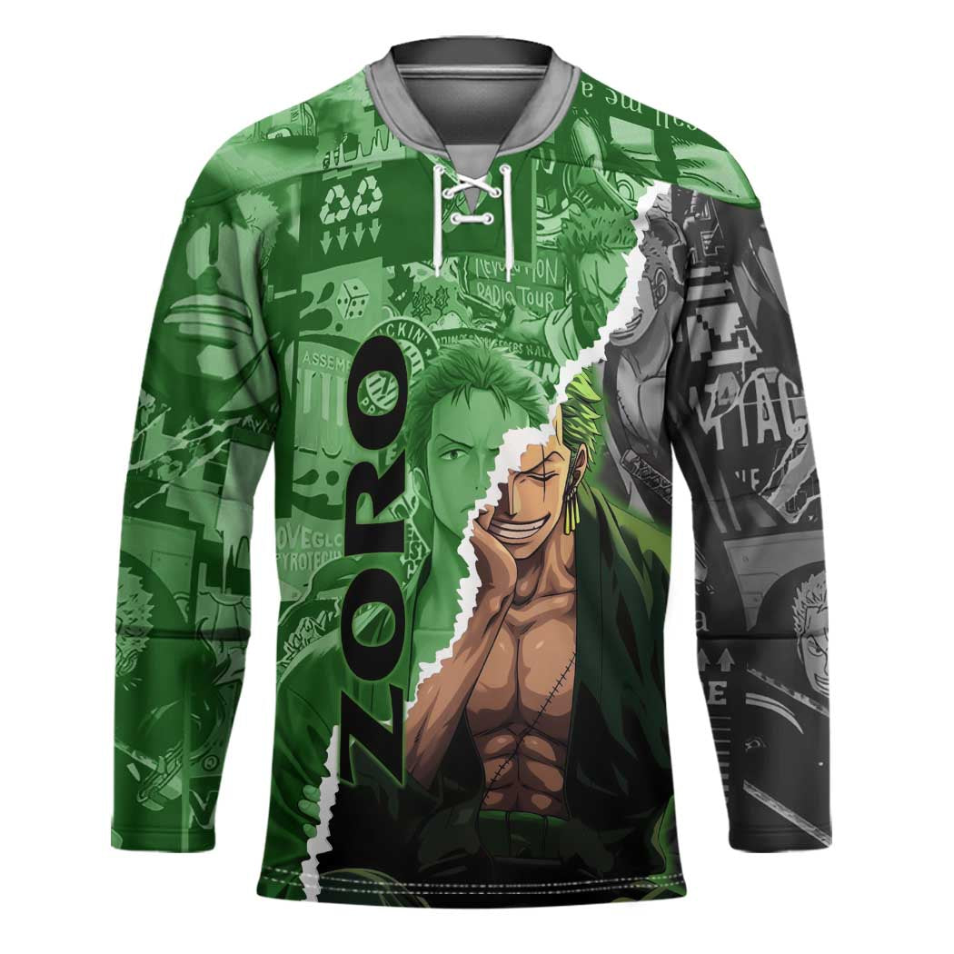 Zoro One Piece Green Theme Hockey Jersey with Manga Collage and Dual Portrait Swordmaster Design - The Mazicc