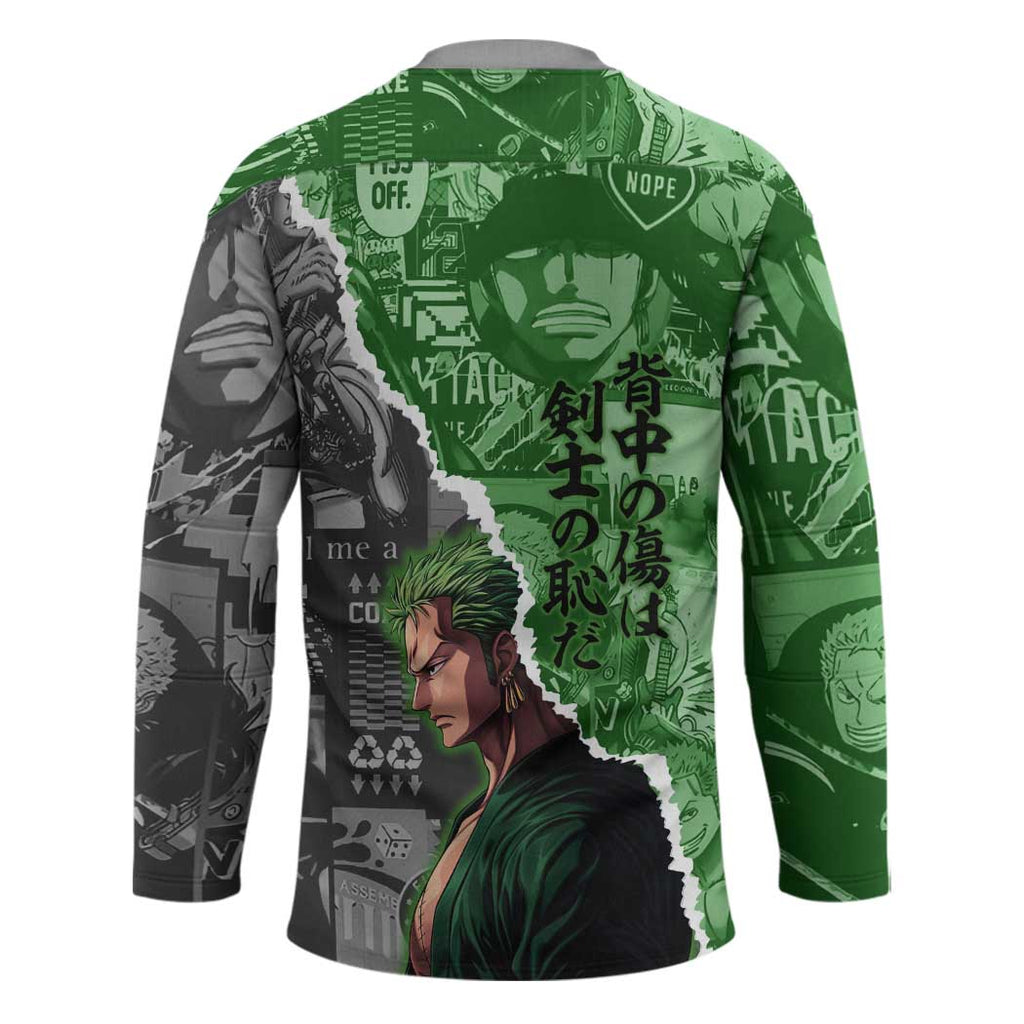 Zoro One Piece Green Theme Hockey Jersey with Manga Collage and Dual Portrait Swordmaster Design - The Mazicc