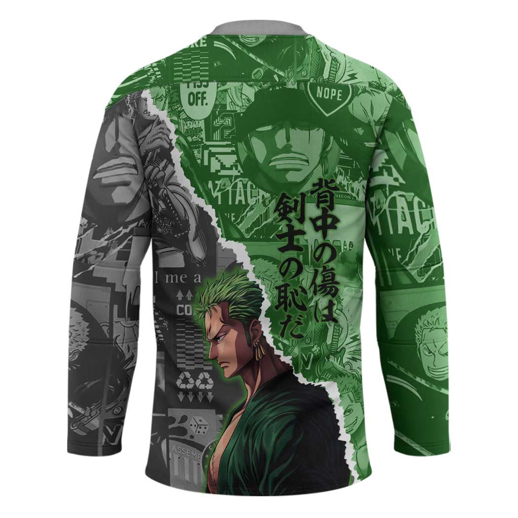 Zoro One Piece Green Theme Hockey Jersey with Manga Collage and Dual Portrait Swordmaster Design - The Mazicc