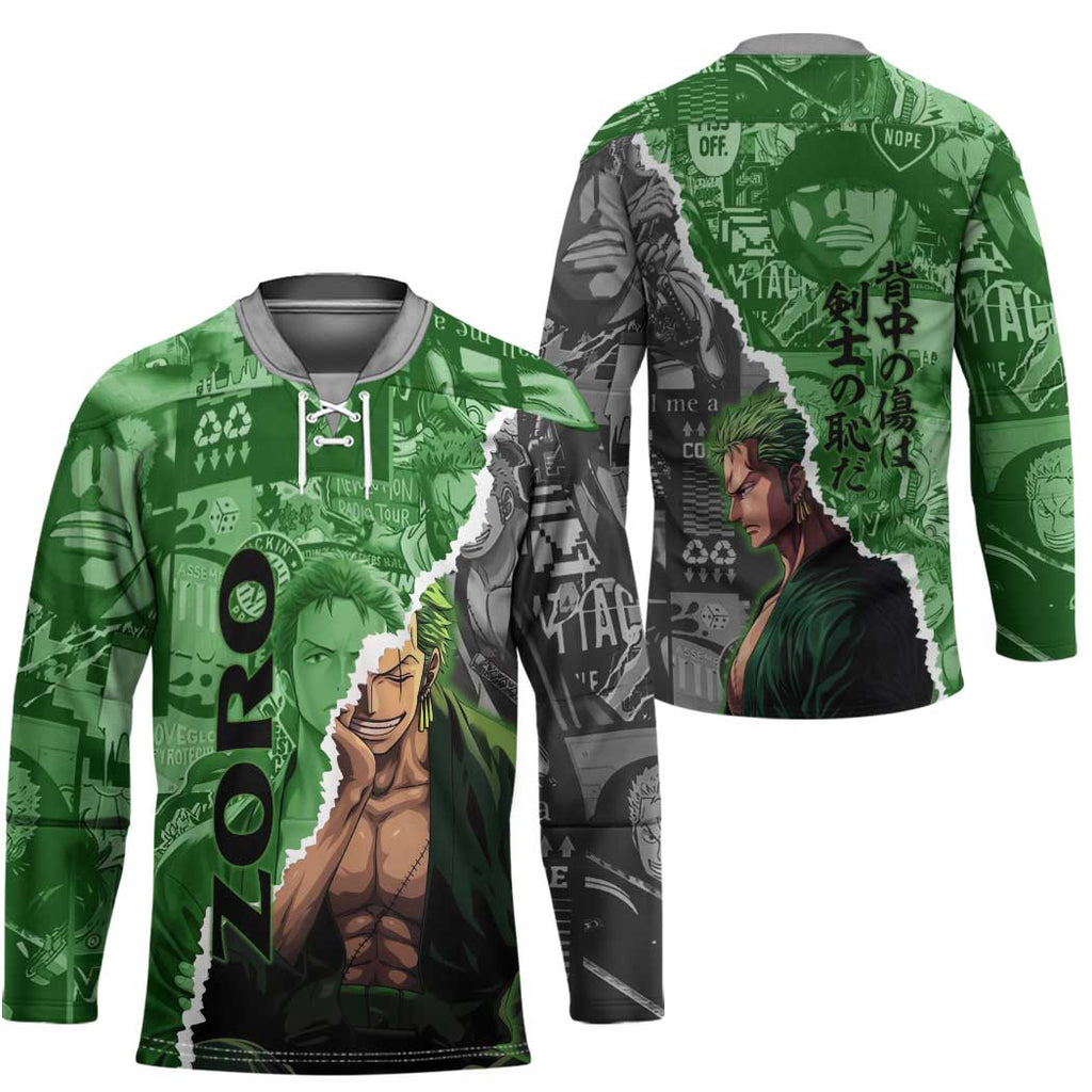 Zoro One Piece Green Theme Hockey Jersey with Manga Collage and Dual Portrait Swordmaster Design - The Mazicc