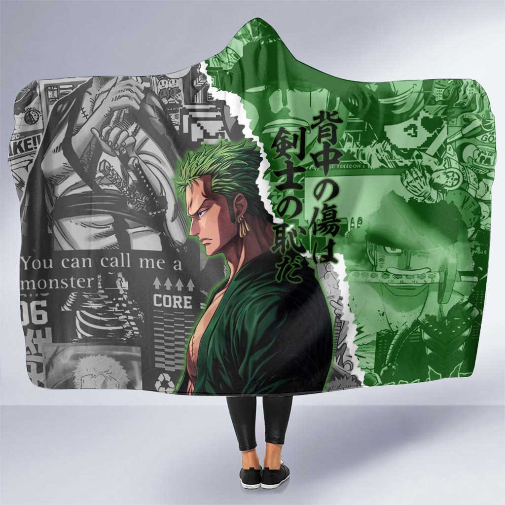 Zoro One Piece Green Theme Hooded Blanket with Manga Collage and Dual Portrait Swordmaster Design - The Mazicc