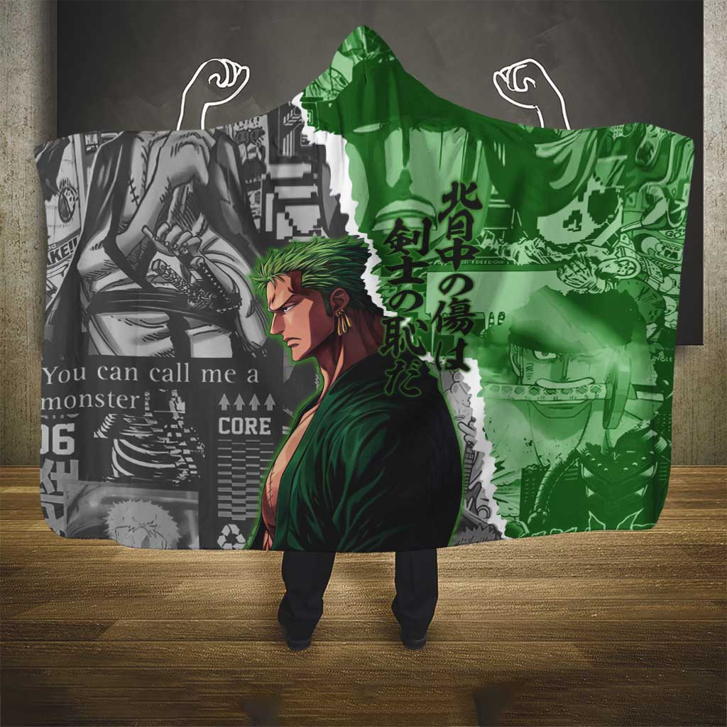 Zoro One Piece Green Theme Hooded Blanket with Manga Collage and Dual Portrait Swordmaster Design - The Mazicc
