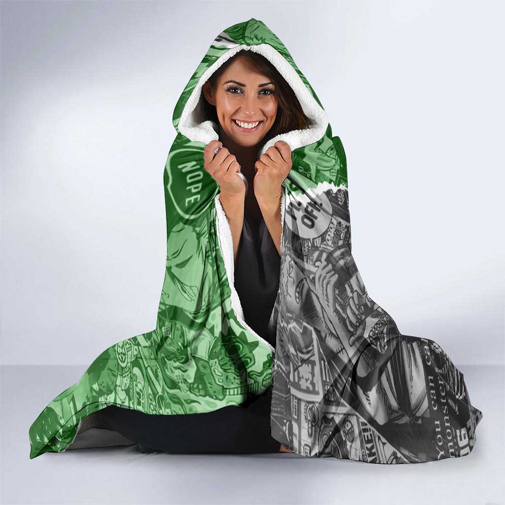 Zoro One Piece Green Theme Hooded Blanket with Manga Collage and Dual Portrait Swordmaster Design - The Mazicc