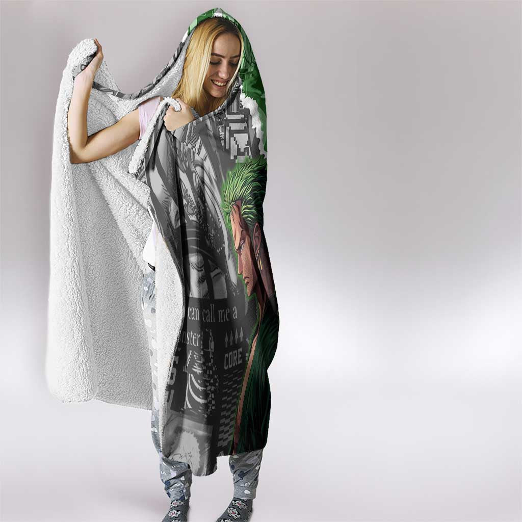 Zoro One Piece Green Theme Hooded Blanket with Manga Collage and Dual Portrait Swordmaster Design - The Mazicc
