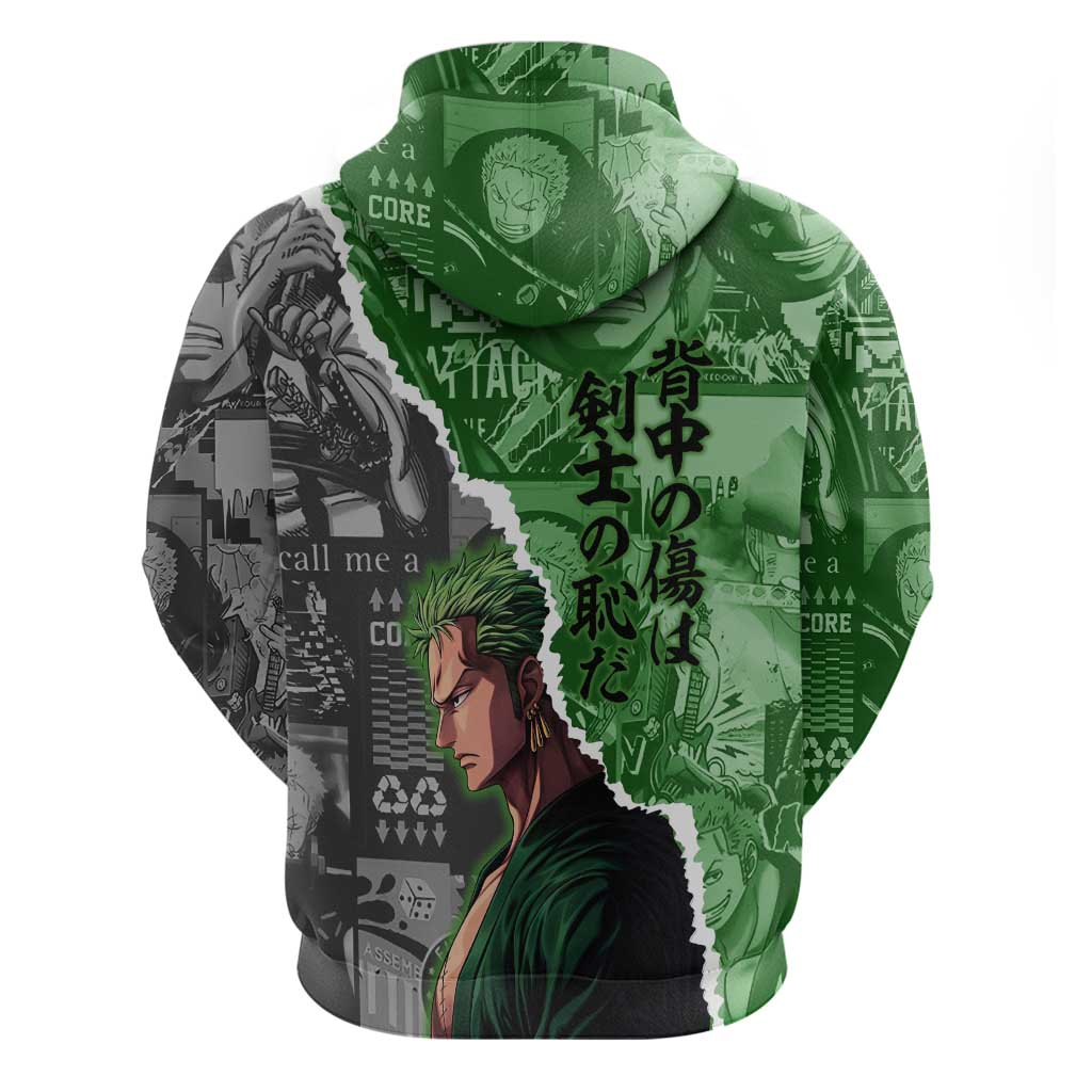 Zoro One Piece Green Theme Hoodie with Manga Collage and Dual Portrait Swordmaster Design - The Mazicc