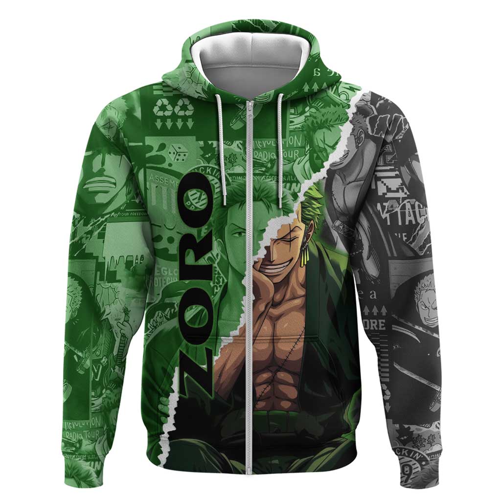 Zoro One Piece Green Theme Hoodie with Manga Collage and Dual Portrait Swordmaster Design - The Mazicc