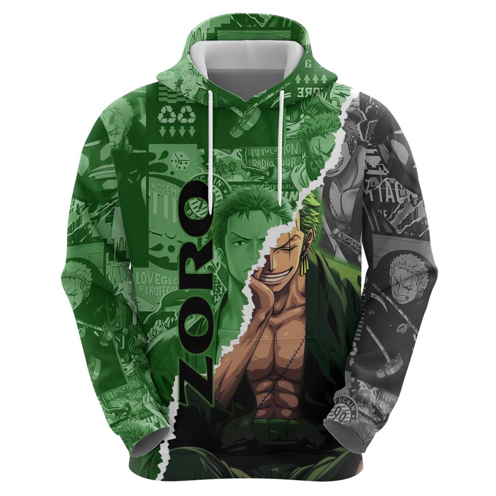 Zoro One Piece Green Theme Hoodie with Manga Collage and Dual Portrait Swordmaster Design - The Mazicc