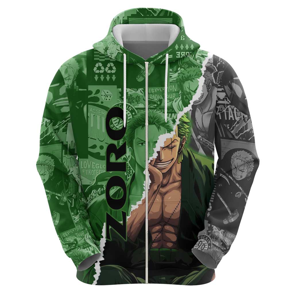 Zoro One Piece Green Theme Hoodie with Manga Collage and Dual Portrait Swordmaster Design - The Mazicc