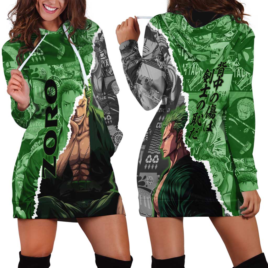 Zoro One Piece Green Theme Hoodie Dress with Manga Collage and Dual Portrait Swordmaster Design - The Mazicc