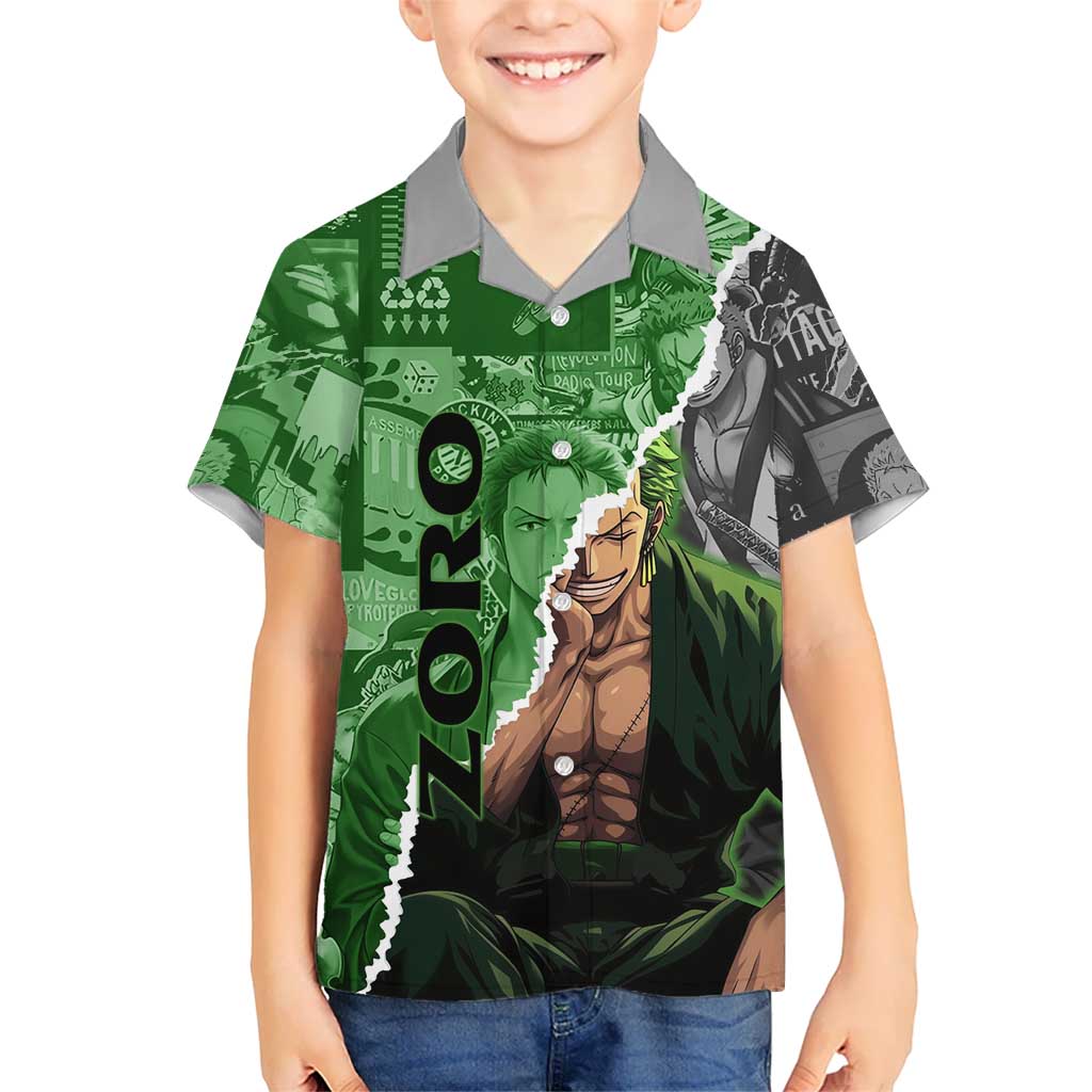 Zoro One Piece Green Theme Kid Hawaiian Shirt with Manga Collage and Dual Portrait Swordmaster Design - The Mazicc