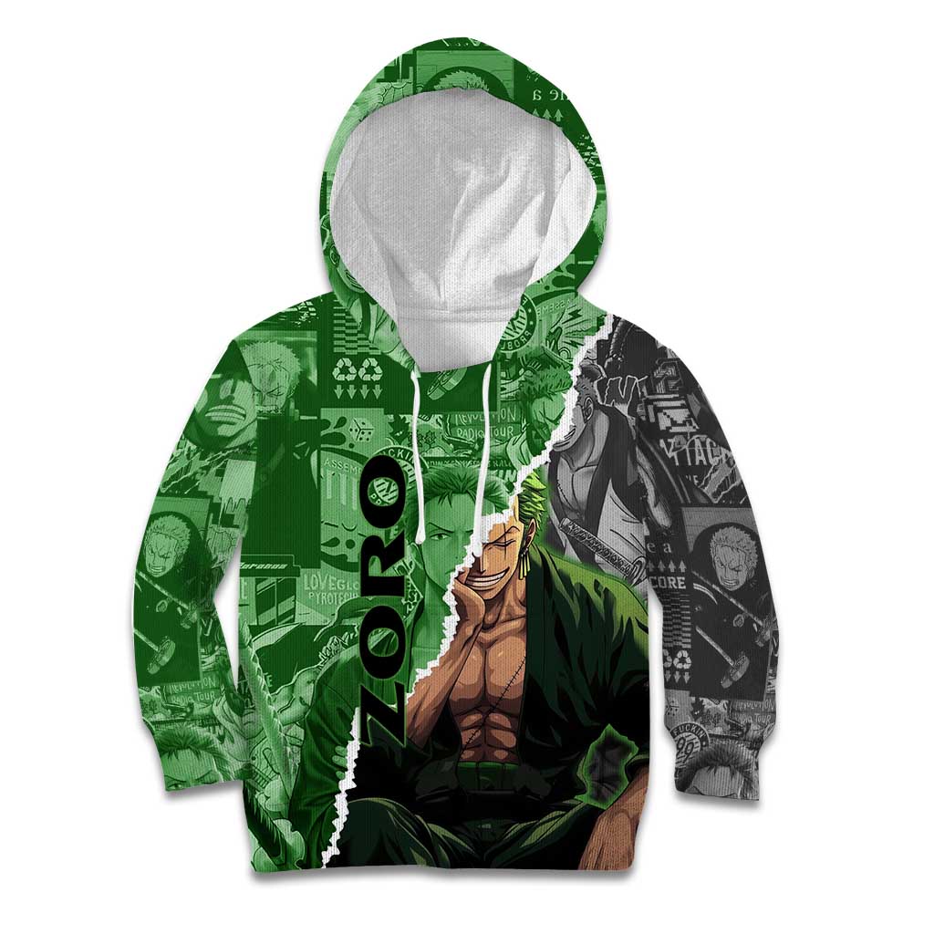 Zoro One Piece Green Theme Kid Hoodie with Manga Collage and Dual Portrait Swordmaster Design - The Mazicc