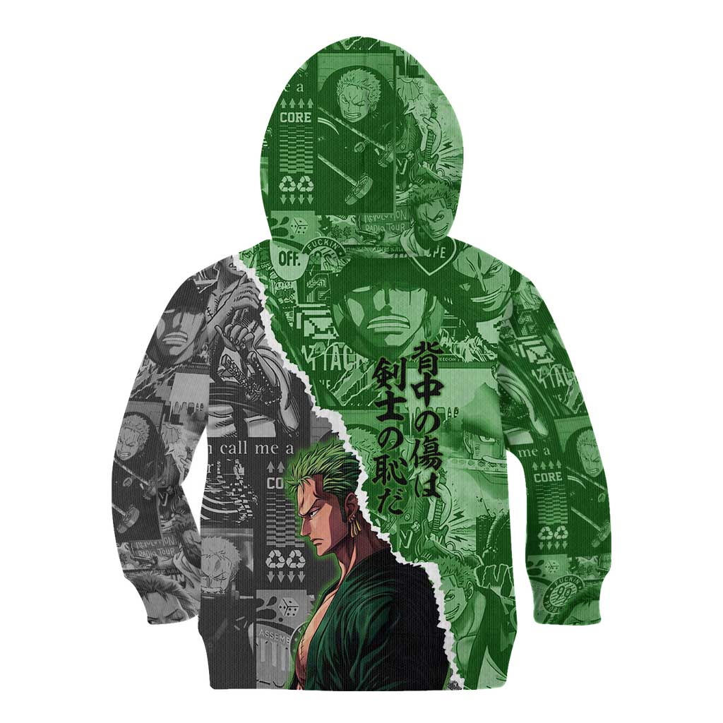 Zoro One Piece Green Theme Kid Hoodie with Manga Collage and Dual Portrait Swordmaster Design - The Mazicc