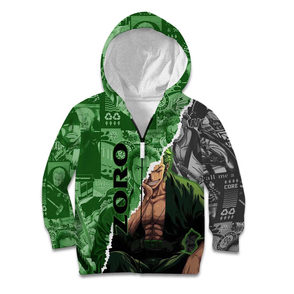 Zoro One Piece Green Theme Kid Hoodie with Manga Collage and Dual Portrait Swordmaster Design - The Mazicc