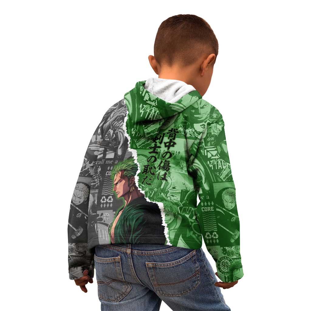 Zoro One Piece Green Theme Kid Hoodie with Manga Collage and Dual Portrait Swordmaster Design - The Mazicc
