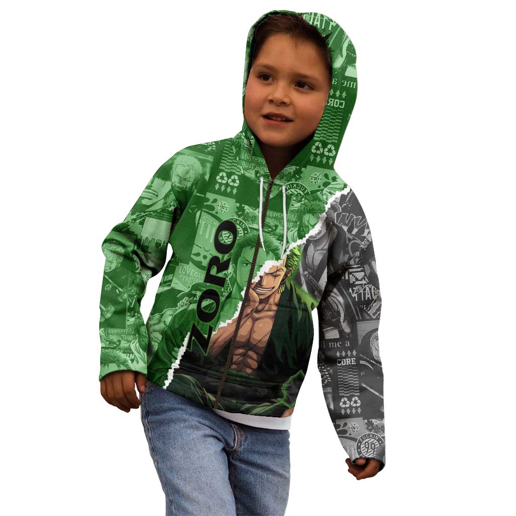 Zoro One Piece Green Theme Kid Hoodie with Manga Collage and Dual Portrait Swordmaster Design - The Mazicc