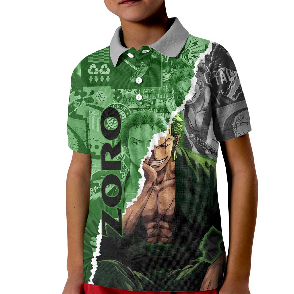 Zoro One Piece Green Theme Kid Polo Shirt with Manga Collage and Dual Portrait Swordmaster Design - The Mazicc