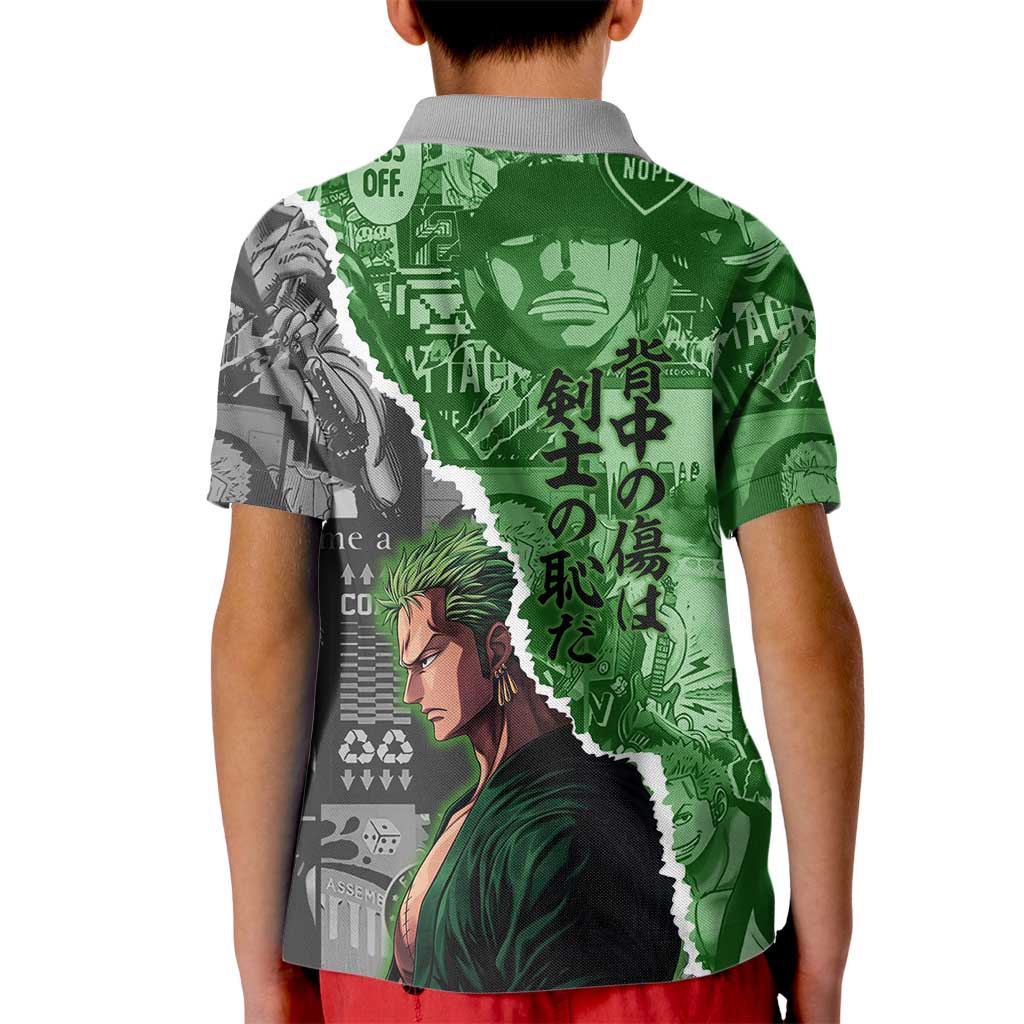 Zoro One Piece Green Theme Kid Polo Shirt with Manga Collage and Dual Portrait Swordmaster Design - The Mazicc