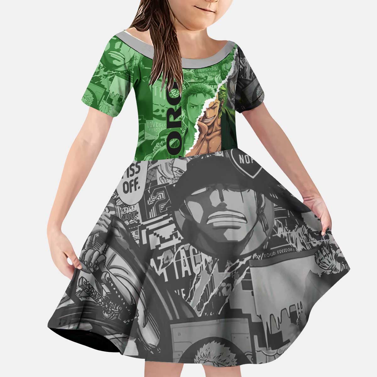 Zoro One Piece Green Theme Kid Short Sleeve Dress with Manga Collage and Dual Portrait Swordmaster Design - The Mazicc