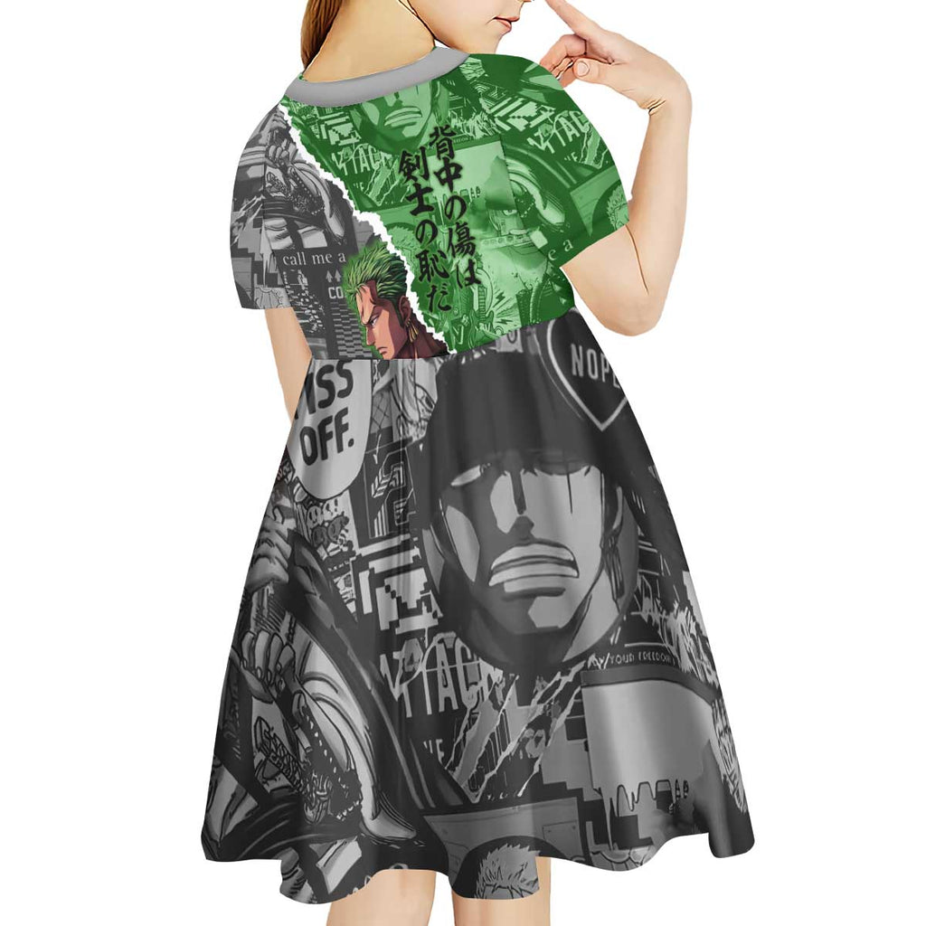 Zoro One Piece Green Theme Kid Short Sleeve Dress with Manga Collage and Dual Portrait Swordmaster Design - The Mazicc