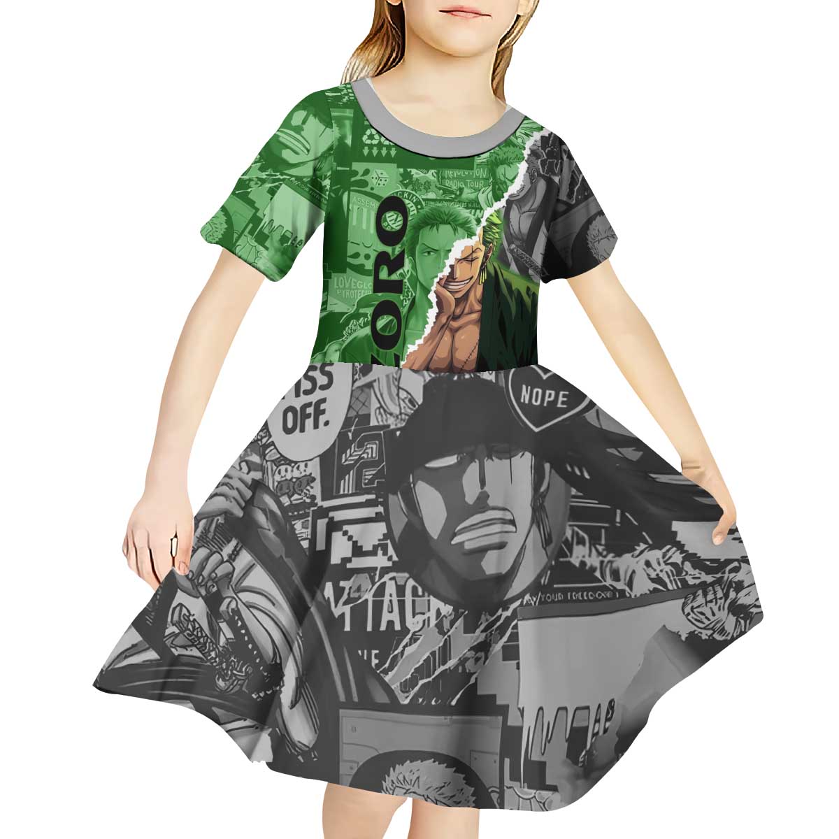 Zoro One Piece Green Theme Kid Short Sleeve Dress with Manga Collage and Dual Portrait Swordmaster Design - The Mazicc