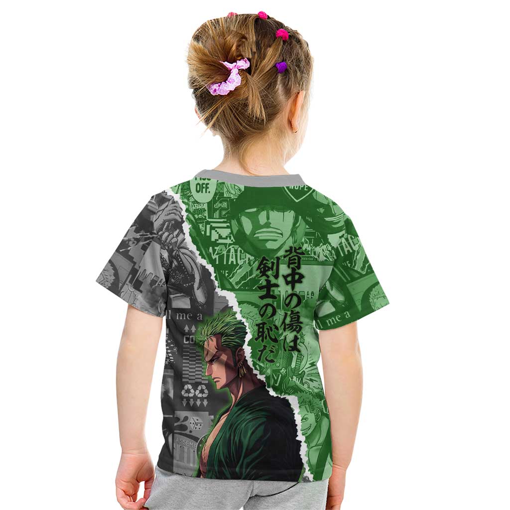 Zoro One Piece Green Theme Kid T Shirt with Manga Collage and Dual Portrait Swordmaster Design - The Mazicc