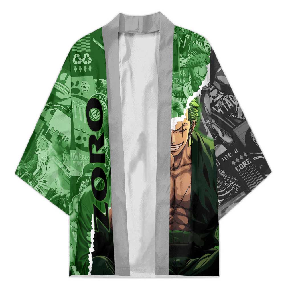 Zoro One Piece Green Theme Kimono with Manga Collage and Dual Portrait Swordmaster Design - The Mazicc