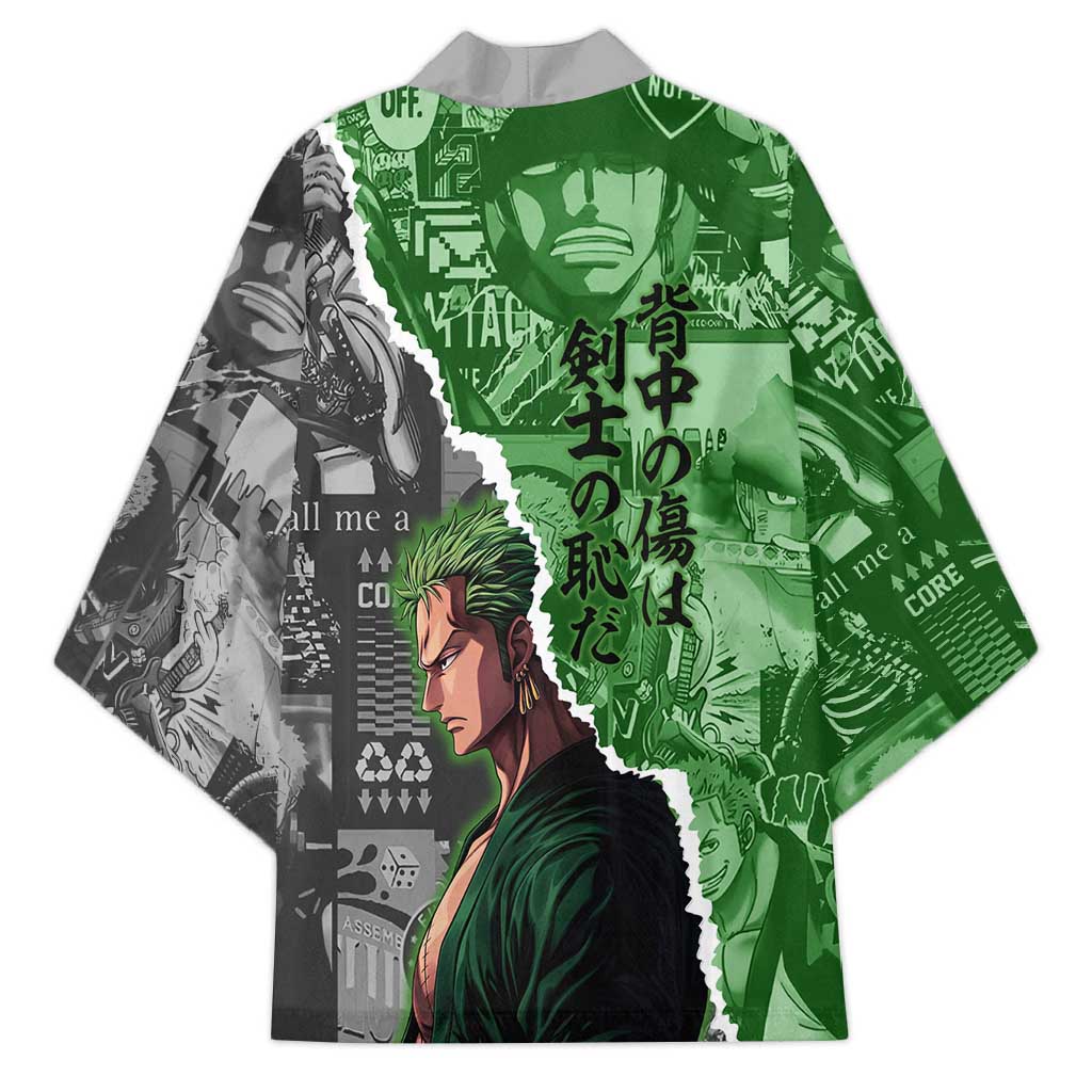 Zoro One Piece Green Theme Kimono with Manga Collage and Dual Portrait Swordmaster Design - The Mazicc