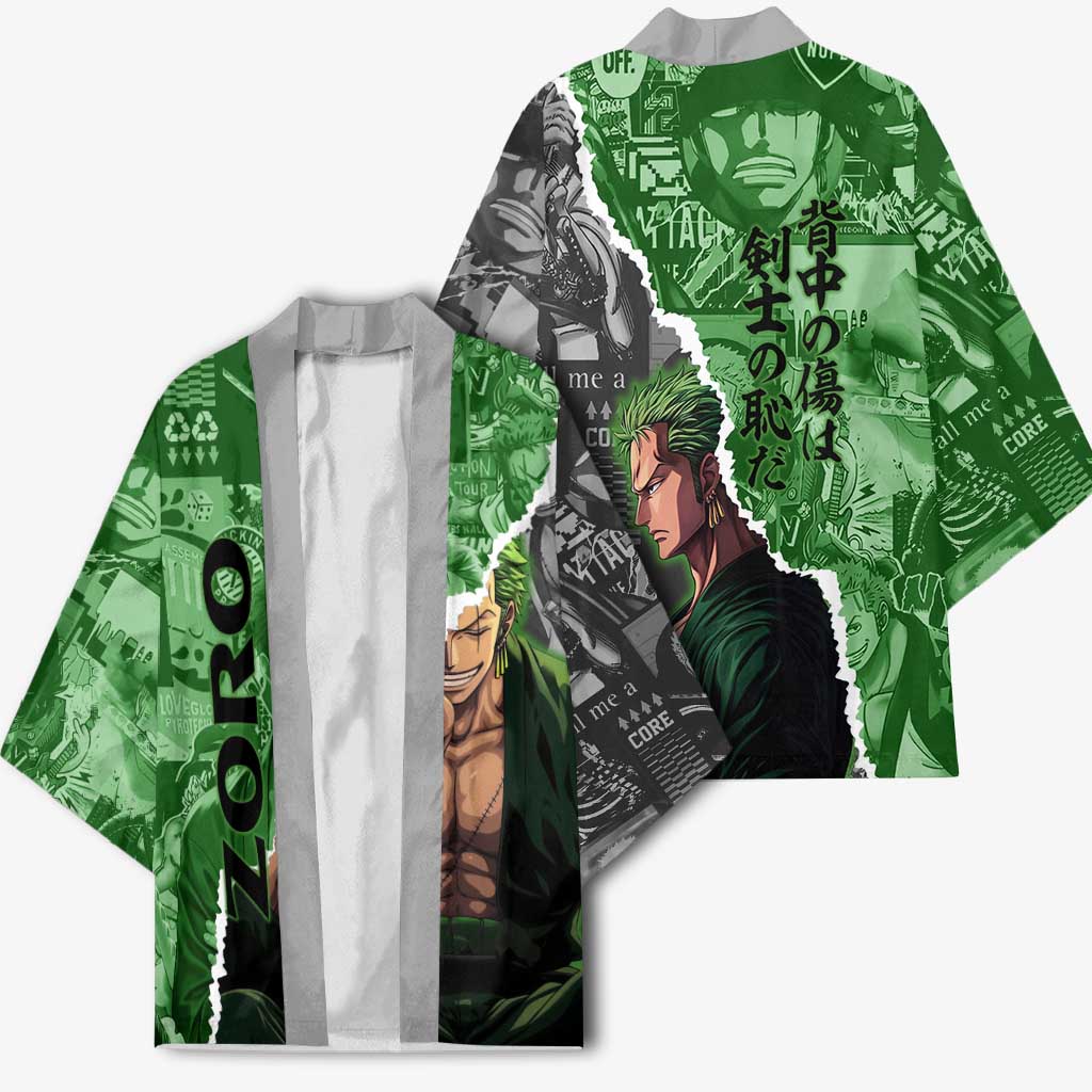 Zoro One Piece Green Theme Kimono with Manga Collage and Dual Portrait Swordmaster Design - The Mazicc