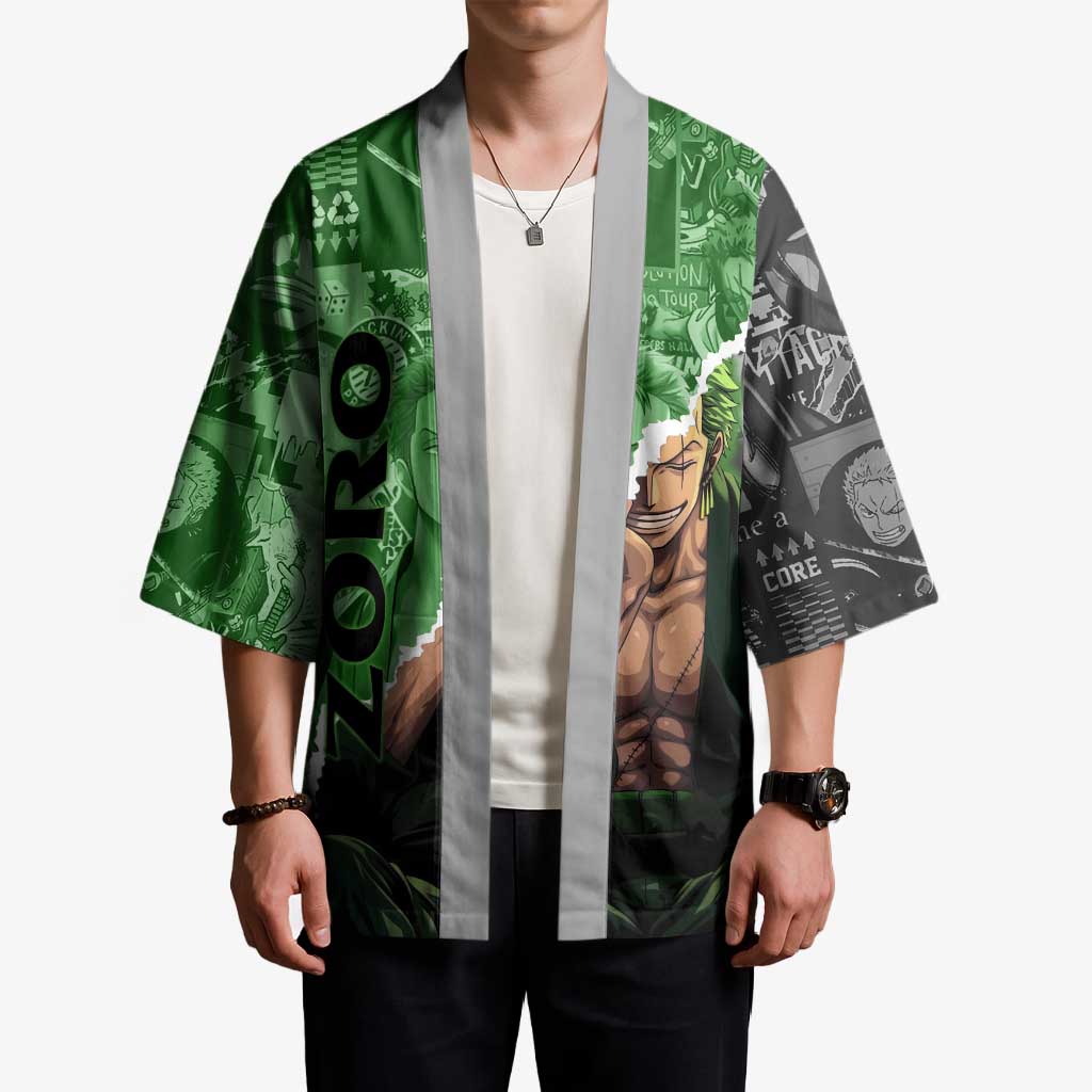 Zoro One Piece Green Theme Kimono with Manga Collage and Dual Portrait Swordmaster Design - The Mazicc