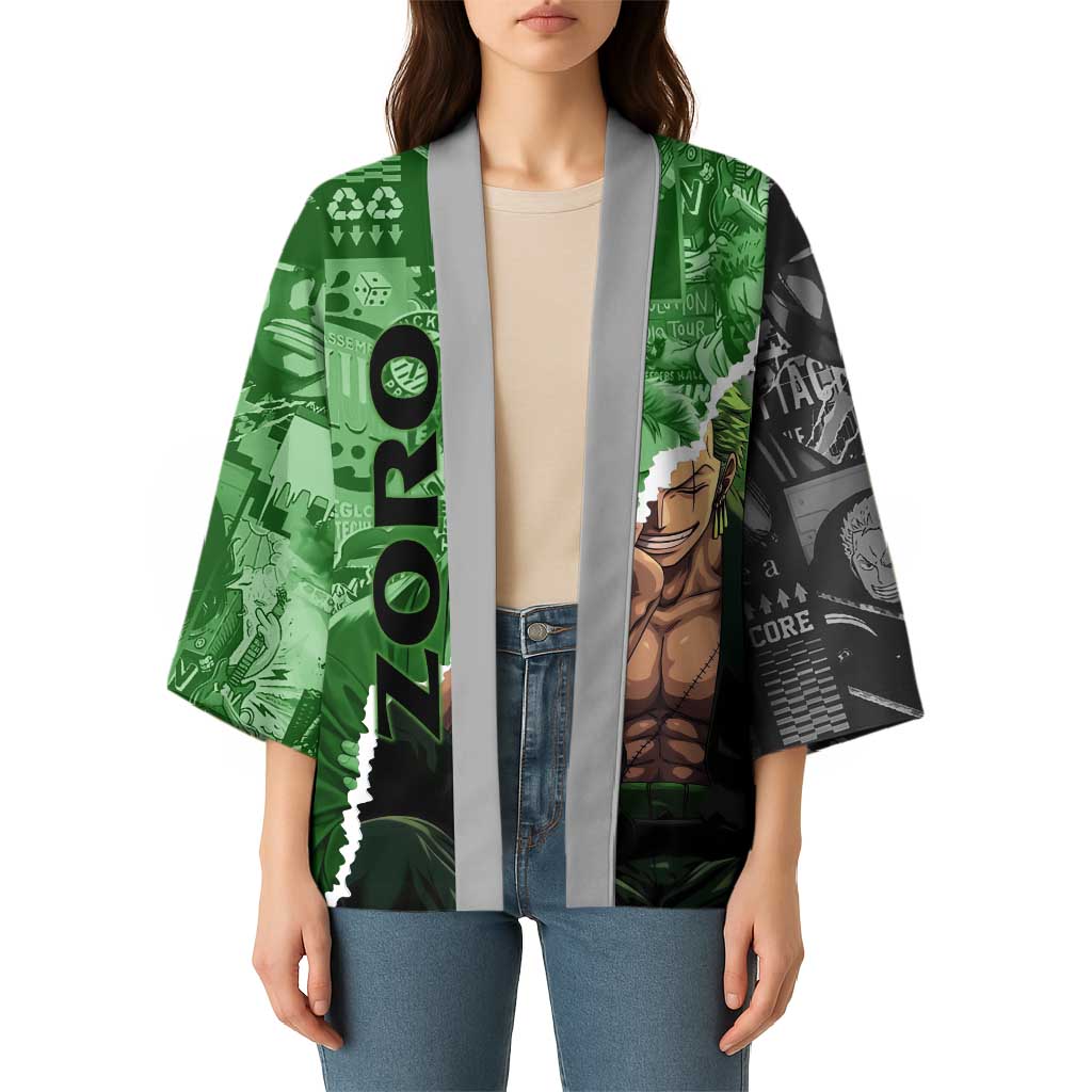 Zoro One Piece Green Theme Kimono with Manga Collage and Dual Portrait Swordmaster Design - The Mazicc