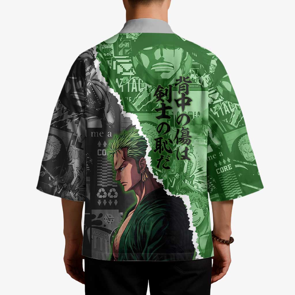 Zoro One Piece Green Theme Kimono with Manga Collage and Dual Portrait Swordmaster Design - The Mazicc