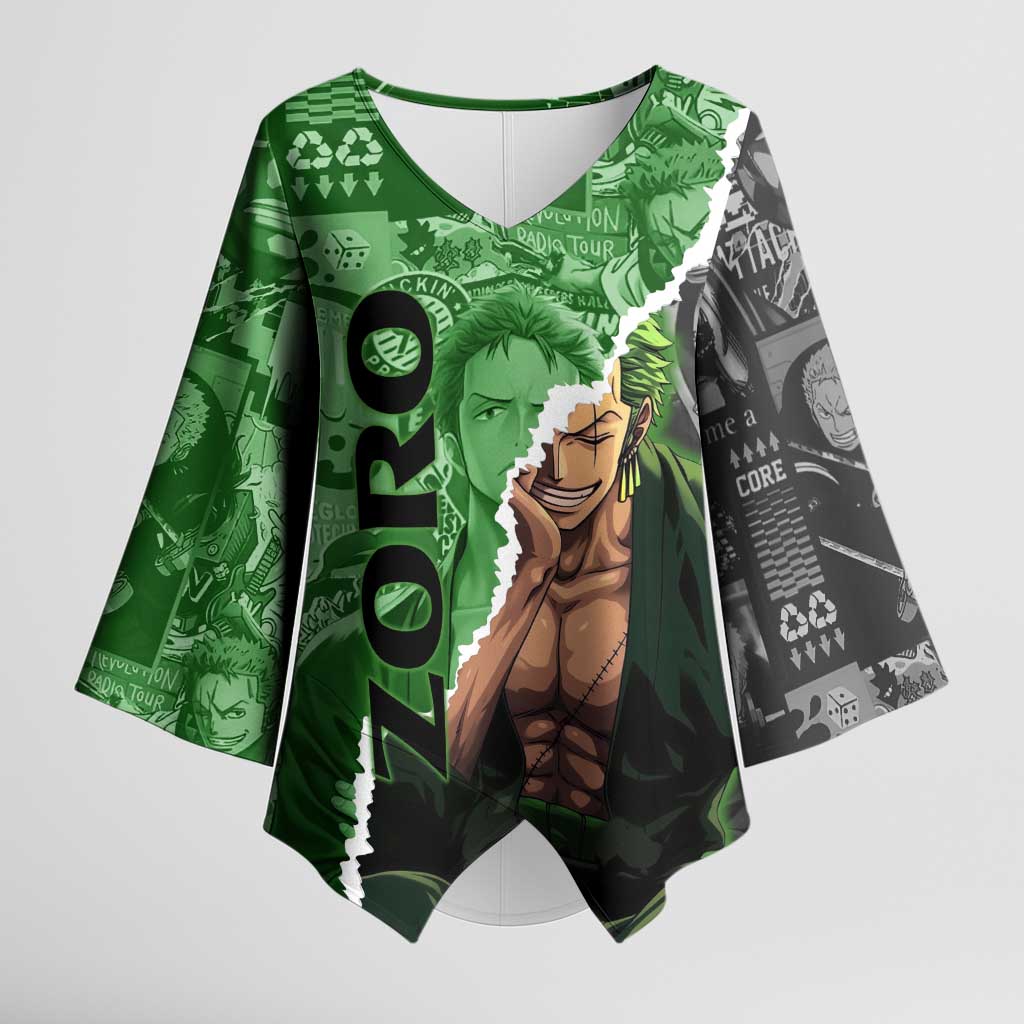 Zoro One Piece Green Theme Kimono Sleeve Blouse with Manga Collage and Dual Portrait Swordmaster Design - The Mazicc