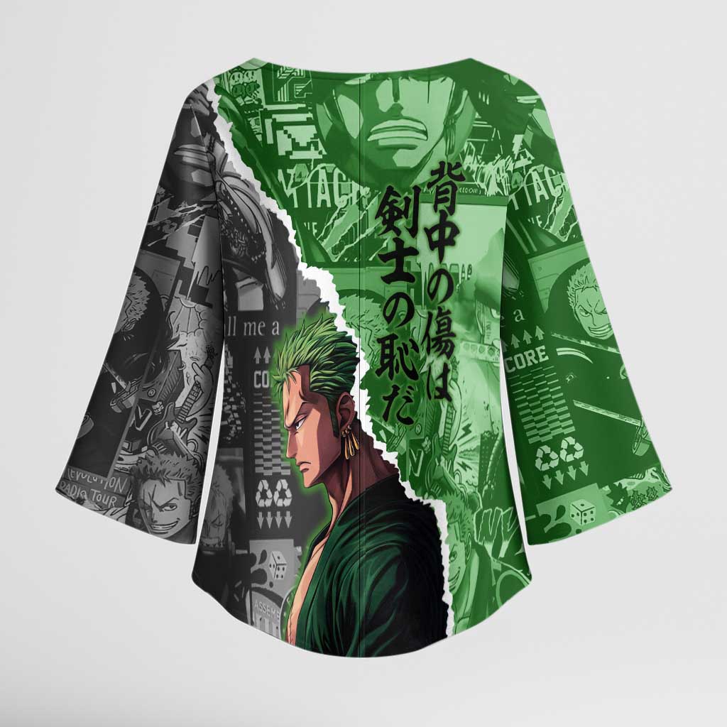 Zoro One Piece Green Theme Kimono Sleeve Blouse with Manga Collage and Dual Portrait Swordmaster Design - The Mazicc