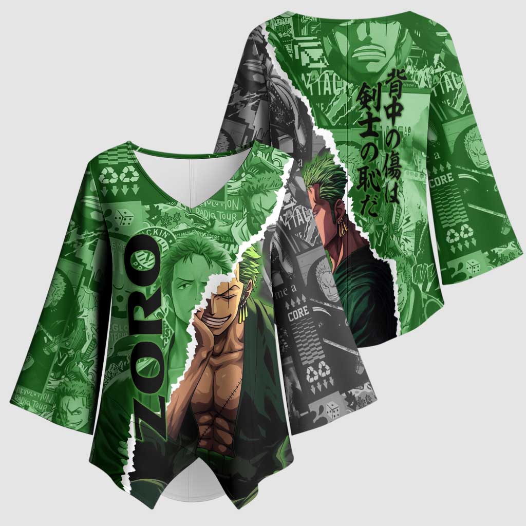 Zoro One Piece Green Theme Kimono Sleeve Blouse with Manga Collage and Dual Portrait Swordmaster Design - The Mazicc