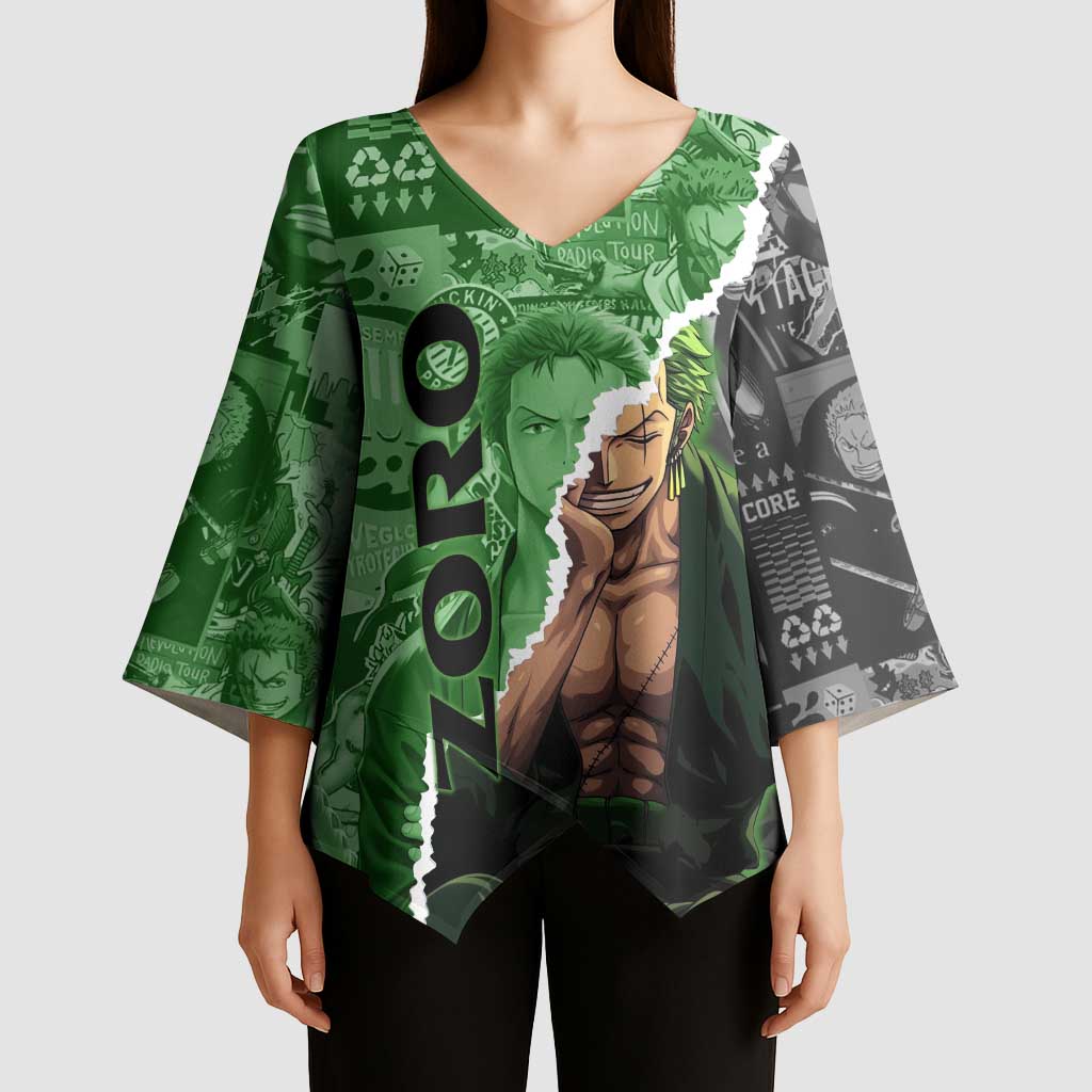 Zoro One Piece Green Theme Kimono Sleeve Blouse with Manga Collage and Dual Portrait Swordmaster Design - The Mazicc