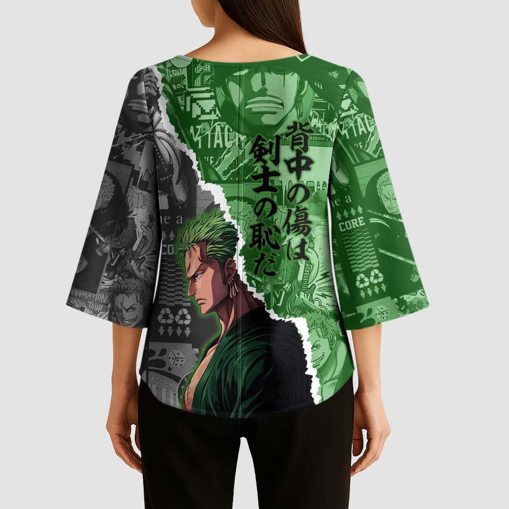 Zoro One Piece Green Theme Kimono Sleeve Blouse with Manga Collage and Dual Portrait Swordmaster Design - The Mazicc