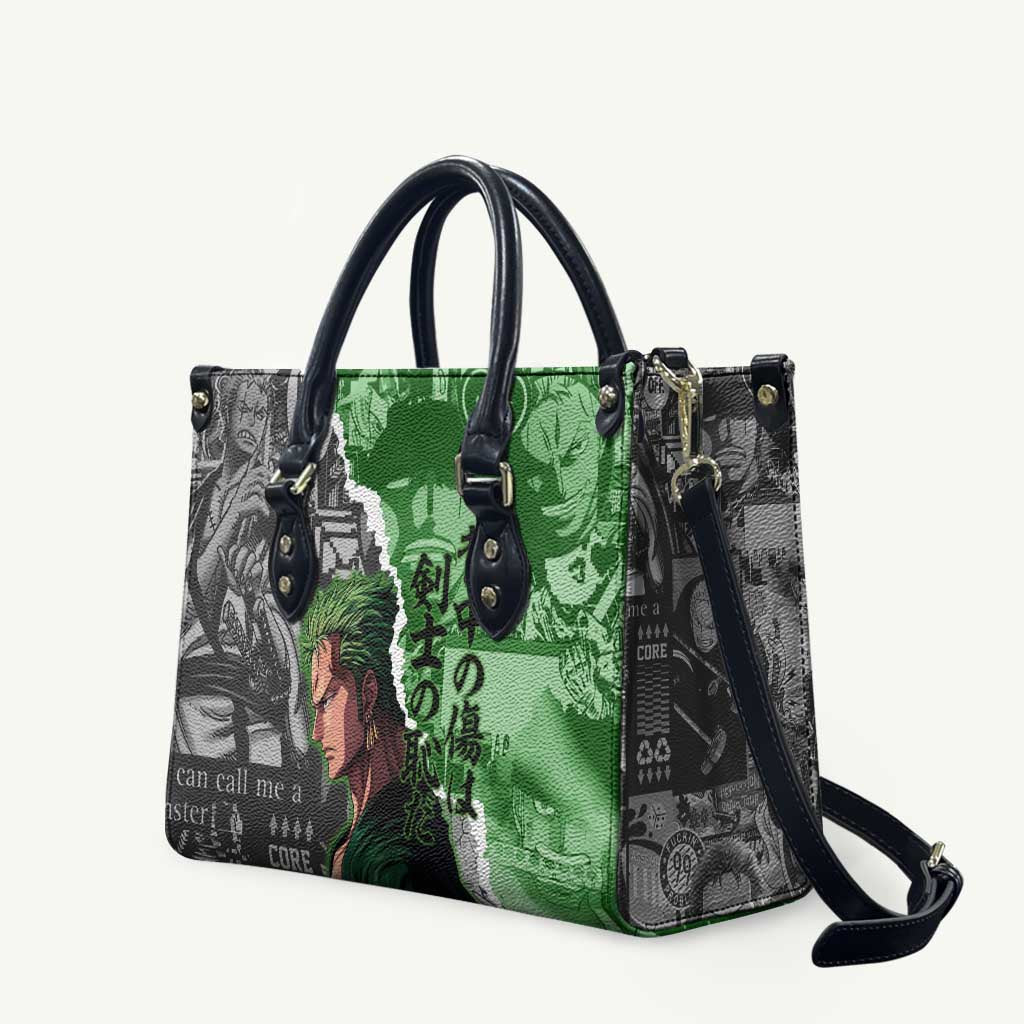 Zoro One Piece Green Theme Leather Bag with Manga Collage and Dual Portrait Swordmaster Design - The Mazicc